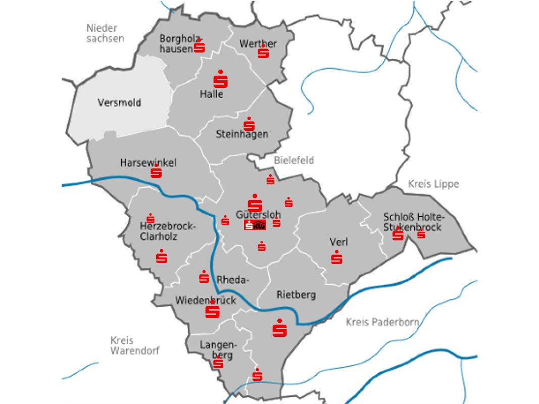 Karte vom Kreis Gütersloh mit den Gebieten Werther, Borgholzhausn, Halle, Steinhagen, Versmold, Harsewinkel, Herzebrock-Clarholz, Rheda-Wiedenbrück, Langenberg, Rietberg, Verl und Schloß Holte-Stukenbrock