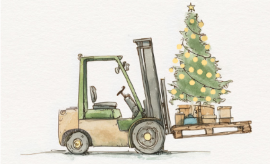 Weihnachtsbaum auf Gabelstapler