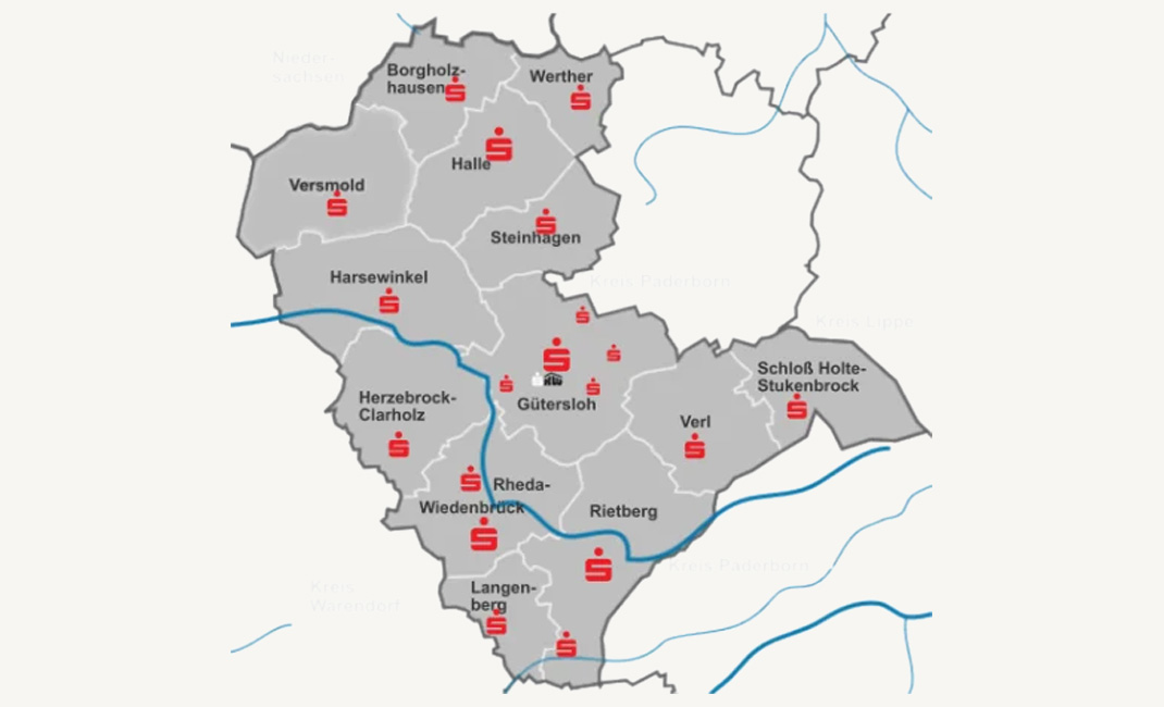 Einsatzgebiete Sparkasse Gütersloh-Rietberg-Versmold und Kreissparkasse Halle-Wiedenbrück