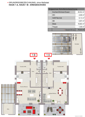 Haus 1A, Haus 1B Grundriss - Erdgeschoss - Neubau-Doppelhaushälften in GT-Avenwedde***4149 G