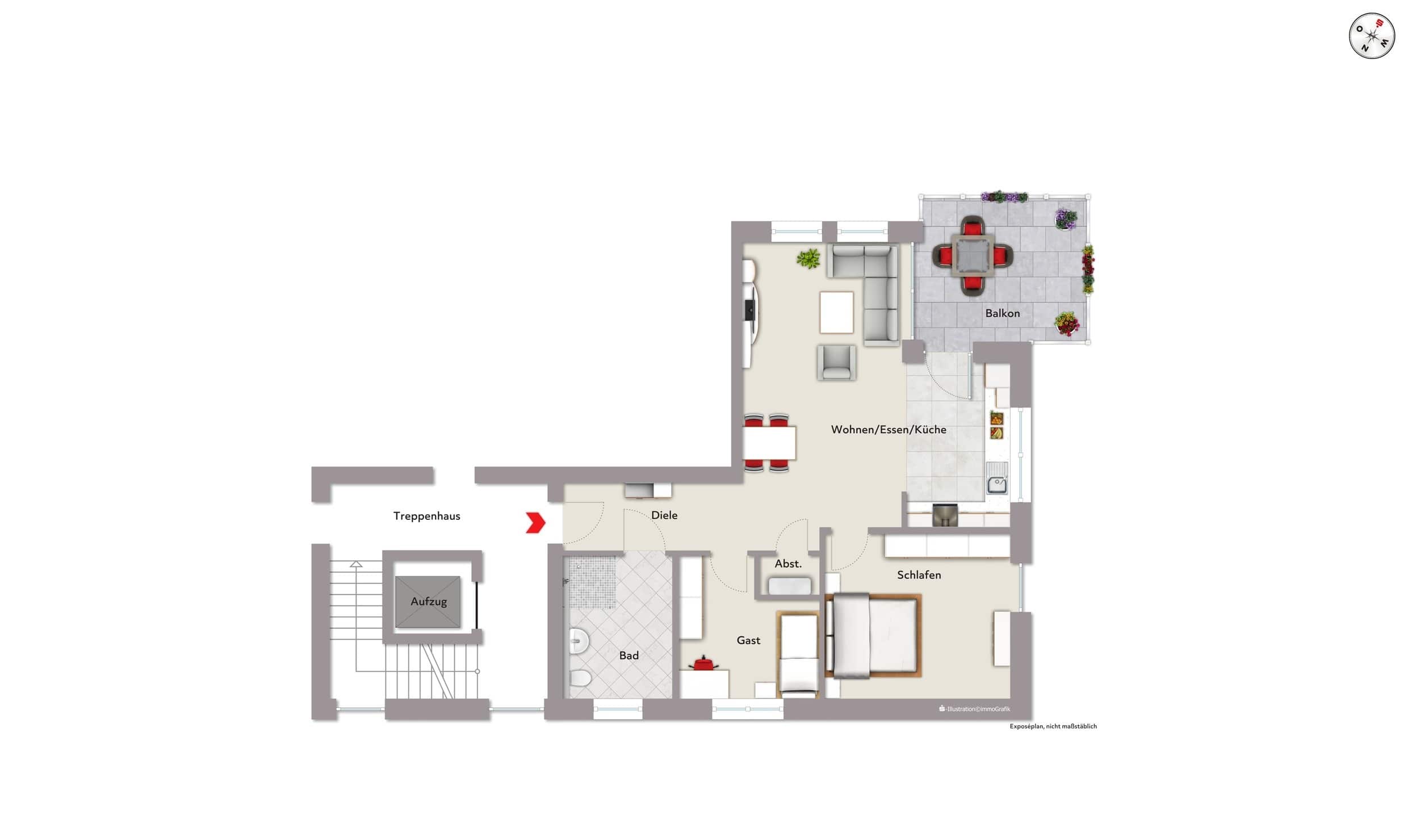 3 ZKB, Balkon ca. 82 m² Wfl.